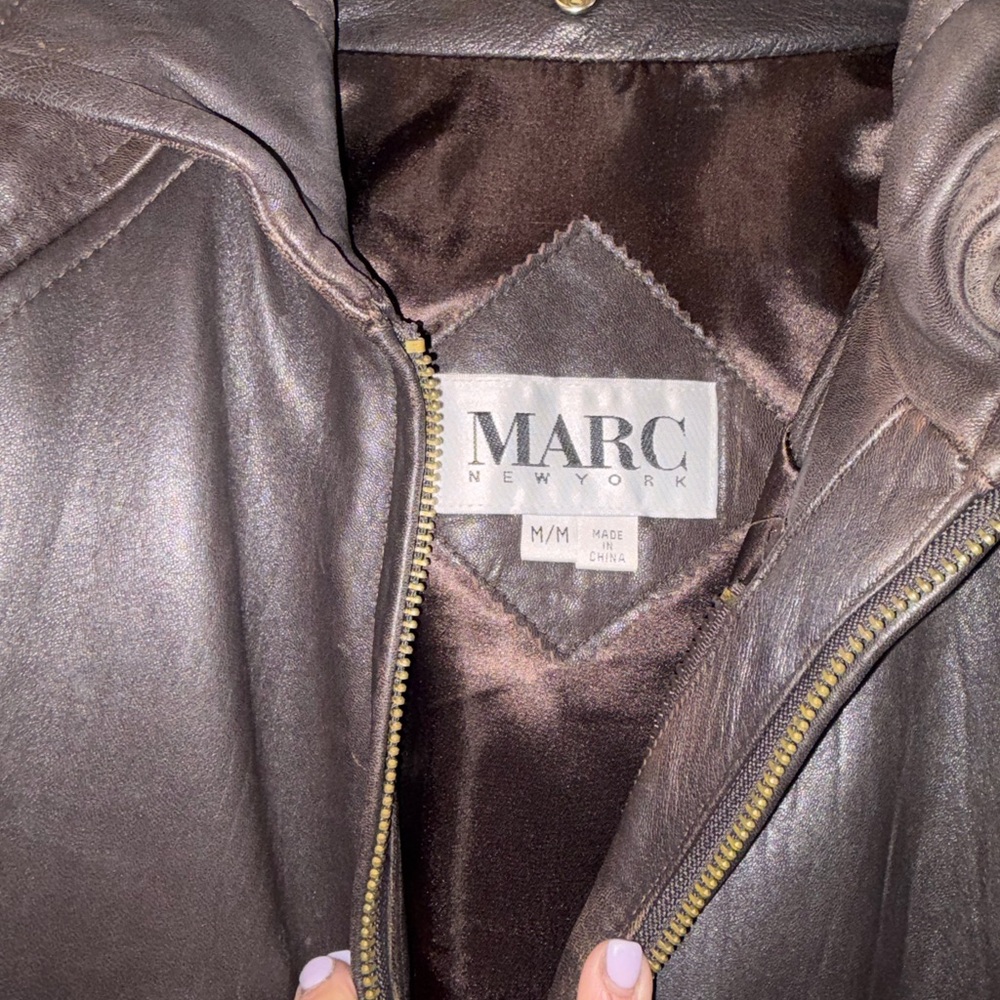 Marc New York Men's Dark Brown Leather Bomber Jacket with Gold Zippers - Picture 3 of 12
